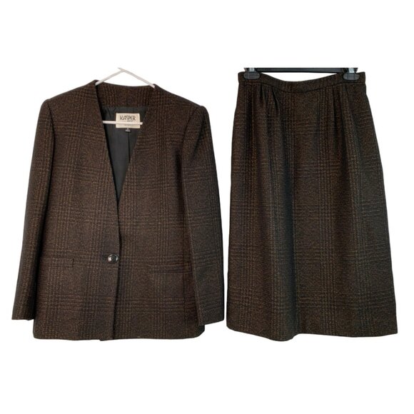 VTG Kasper Size 6/8P Wool Plaid Blazer & Skirt Set Suit Black Plaid 7220
